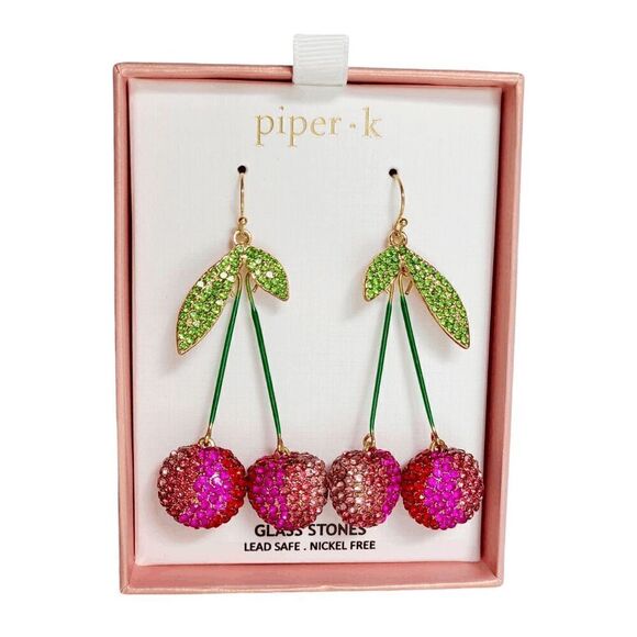 🍒 PIPER K Cherry Glass Stones Nickel Free Drop Statement Earrings NEW IN BOX - Picture 1 of 14